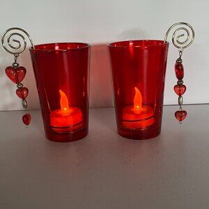 Pair Red Glass Luminary Votive Candle Holder Decorative Hearts Golden Wire Roman